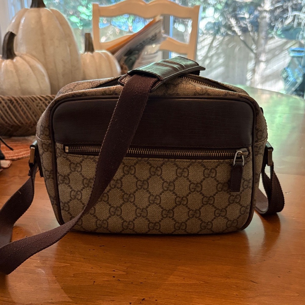 Gucci Brown GG Canvas Crossbody Bag with Dark Brown Leather Trim